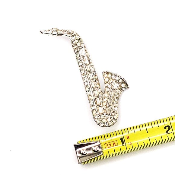 Vintage Silver Tone Rhinestone Saxophone Brooch Pin – Sparkle with Sax Appeal! - Picture 10 of 10